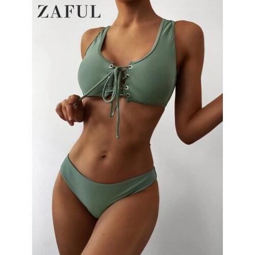 ZAFUL Lace Up Bralette Swimwear Women Scoop Neck Solid Padded Bikini Set Sexy Bandage Swimsuit Summer Beach Female Bathing Suit