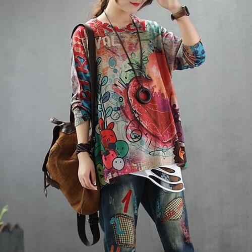 FairyNatural Ladies Streetwear Cartoon Printing Sweater O-Neck Cotton Blended Women Loose Casual Pullovers Knitting Vintage Tops