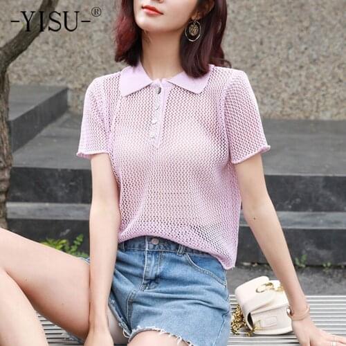 YISU Summer Women Sweaters Summer tops Solid color Shirt collar Short sleeve Jumper Sweater Casual Knitted Pullover Thin section