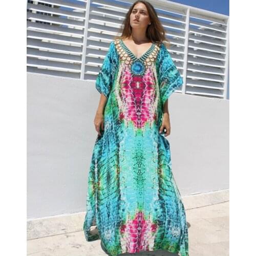 2020 Green Bohemian Printed V-neck Bats Sleeve Side Split Loose Long Summer Beach Dress Tunic Women Plus Size Maxi Dresses Q1129