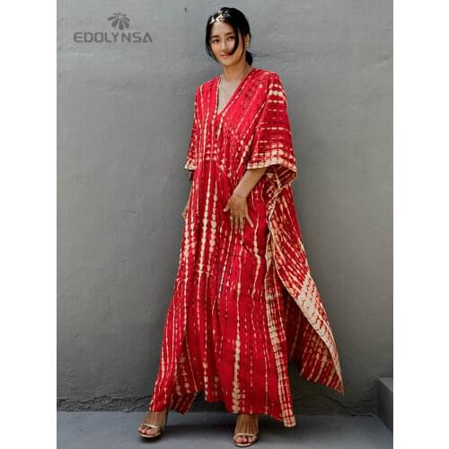 2021 Red Bohemian Striped Women Beach Dress Bathing Suit Cover Up Summer Tunic For Woman Beachwear bobe de plage Kaftan Q1218