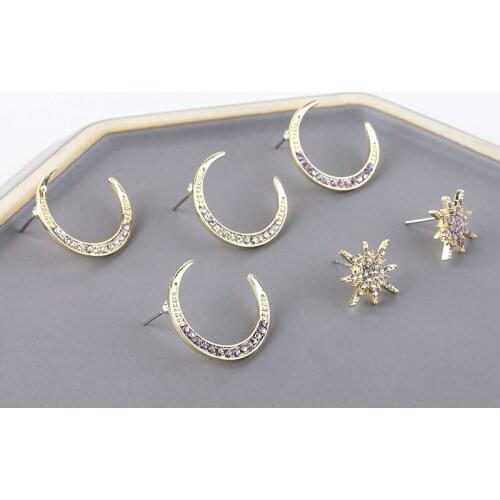 4pcs Hot Style Personality Ladies stud earrings Exquisite Rhinestone zircon star moon needle earrings For Women jewelry material