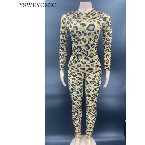 2021 Shining Rhinestones Leopard Stretch Party Birthday Rompers Nightclub Outfit Stage Performance Wear Dance Costume Jumpsuit