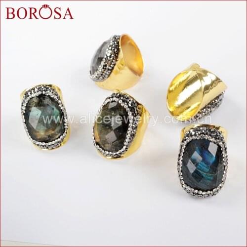 BOROSA Design 5PCS Natural Labradorite Stone Gold Band Rings,Sparkling Freeform Gems Stone pave cz Adjustable Rings JAB899