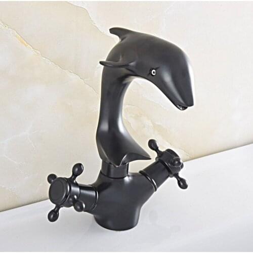 Black Oil Rubbed Bronze Swivel Spout Dual Cross Handles Cute Animal Dolphin Style Bathroom Kitchen Sink Faucet Mixer Tap asf846