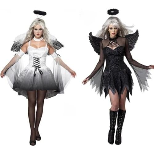 Halloween Costumes White Black Fallen Angel with Halo With Wings Sets Fantasy Cosplay Party Fancy Dress Adult Women Costume