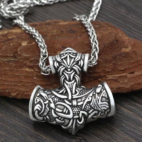 Men Norse Viking Super L Amulet Large Thor Hammer Mjolnir Odin Wolf Amulet Pendant Necklace with Gift Bag