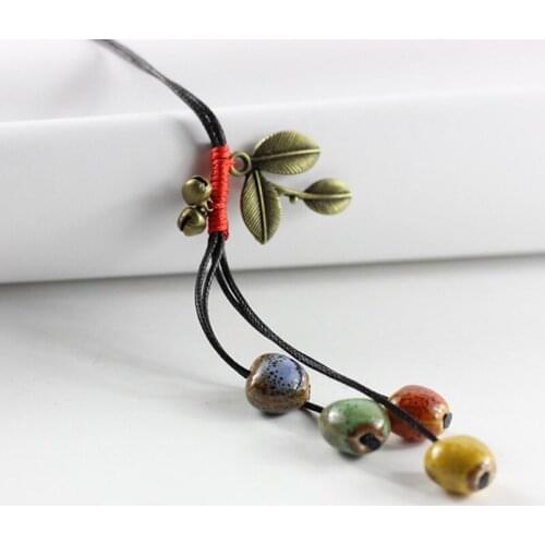 Heart Necklaces Ceramic Round Beads Long Chain Sweater Weave Rope Pendants Leaf Bell Statement Charm Pendant Women Retro Jewelry