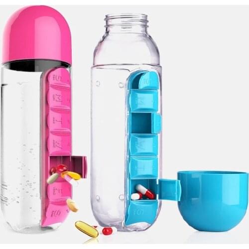 600ML Plastic 2 In 1 Combine Daily Pill Box Outdoor Drinking Water Bottles Cups With Pill Case Weekly Medicine Storage Organizer