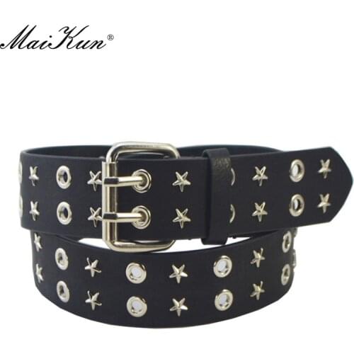 Maikun Upgraded Version Mens All-Match Eye Belt New Punk Double Row Pin Buckle Denim Star Waistband For Women