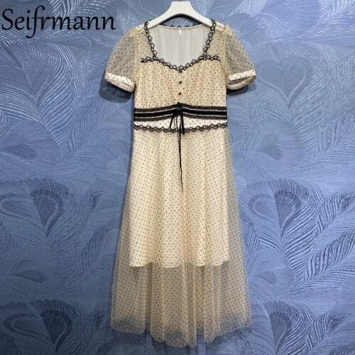 Seifrmann New 2021 Summer Women Fashion Designer Party Midi Dress Lantern Sleeve Lace Bow High Waist Dot Printed Mesh Dresses
