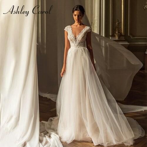 Ashley Carol A-Line Wedding Dress 2021 Classy V-Neck Beaded Sequined Appliques Bride Backless Sleeveless Shimmering Bridal Gowns