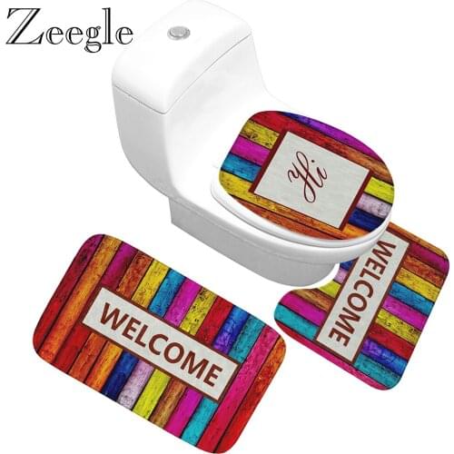 Zeegle 3pcs/set Bathroom Carpet Set Toilet Mat Non-slip Shower Mat Foot Rug Absorbent Welcome Printed Bath Mat Set