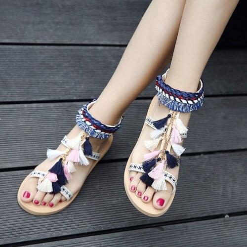 Koovan Womens Sandals Summer National Embroidery Tassels Flower Embroidery Sandals Comfortable Flat Bottom Clip Toe Sandals