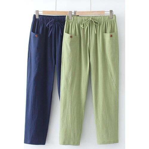 Plus Size Pants With Pockets Natural Cotton And Linen Fabric Elastic Waist Loose And Comfortable Large Thin Trousers In Summer