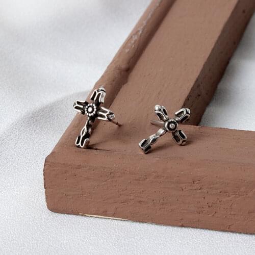 VOQ 925 Sterling Silver Personality Retro Cross Stud Earrings Silver Hypoallergenic Earrings Women Men Gifts
