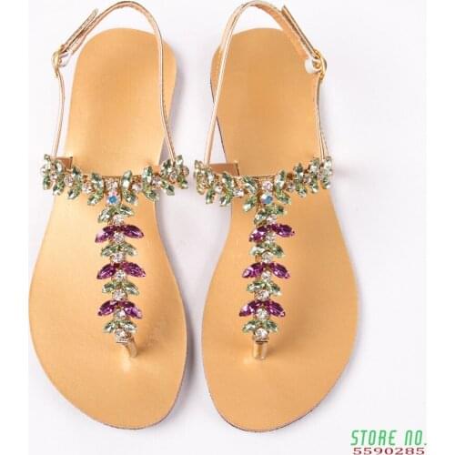 2021 NEW Women`s Sandals Fashion Summer Bohemia Diamond Shoes T-strap Thong Flip Flops Shoes Lady Casual Beach Shining Slippers