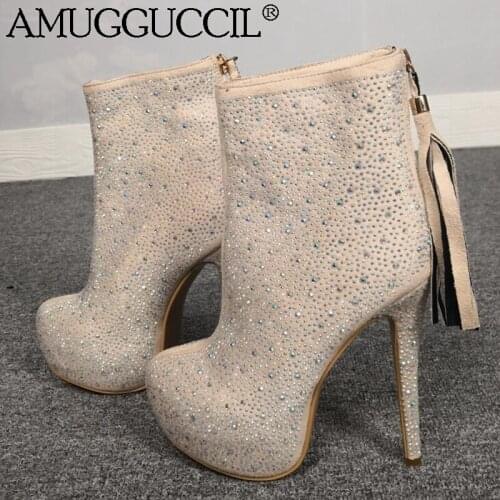 2020 New Plus Big Size 35-52 Beige Zipper Crystal Fashion High Heel Platform Females Girl Lady Autumn Winter Women Boots X1919