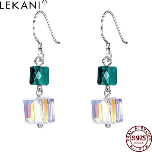 LEKANI Womens Earrings 925 Sterling Silver Geometric Square Colorful Austria Crystal Drop Earring Female Personality Jewelry