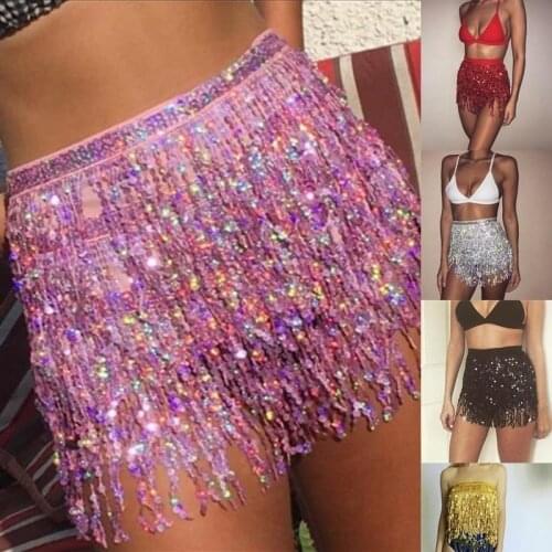 FEECOLOR 10Pcs Women Fashion Nightclub Show Skirts Belly Dance Costume Sequins Tassels Fringes Hip Belt