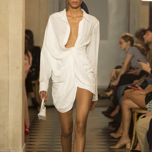 New Spring Autumn 2020 Fashion Pleated Sexy Striped Blouse Dress Women White Long Sleeve Lapel Irregular Shirt Cotton Dress