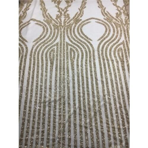 Gold color pretty design Glued glitter sequins Tulle Lace Fabric Latest French Nigerian For YG-370 Women fashion dress