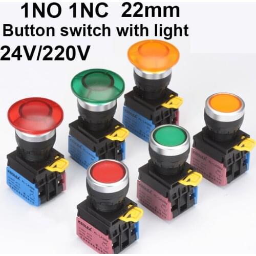22mm Momentary/Lock Light switch LED Flat Push Button Illuminated Switch Spring Return 1NO1NC button LA38-11DN Silver contact