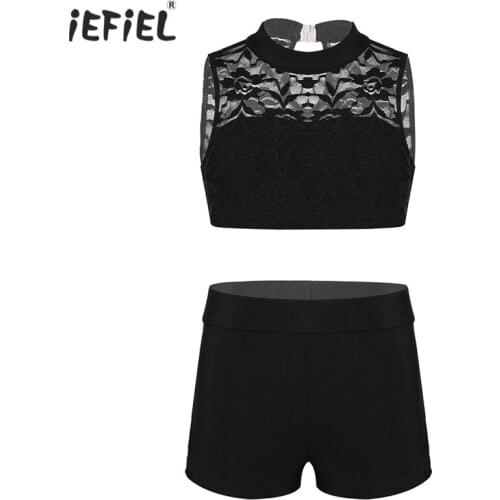 Ballerina Ballet Costume Dancewear Girls Clothes Gymnastics Exercise Athletic Outfit Sleeveless Floral Lace Tank Top with Bottom