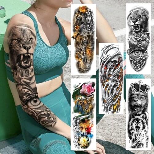 Large Lion King Wolf Temporary Tattoos Full Arm Realistic Fake Tiger Eyes Skull Fox Tatoos Sticker For Women Men Sleeve Tattoos
