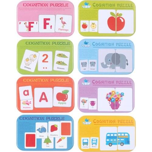 Baby Kids Cognition Puzzles Toys Toddler Iron Box Cards Matching Game Cognitive Cards Vehicl Fruit Animal Life Sets Pair Puzzles