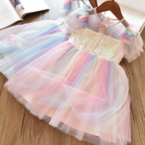 Girls Puffy Sleeve Princess Dress For Kids Summer Mesh Sequined Rainbow Elegant Birthday Party Costume Children Fairy Clothes