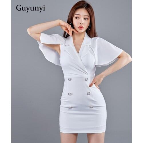 Elegant Party Dress 2021 Summer White Black Mini Dress Notched Neck Double Breasted Decoration High Waist Tight Dress Women