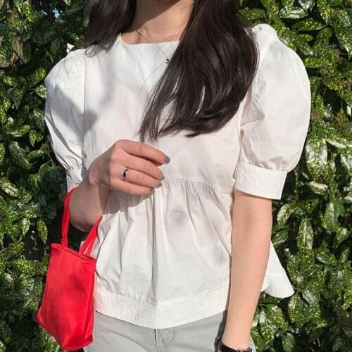 Korean Summer White Blouse Sweet Women Tops 2021 Loose Round Collar Bubble Short Sleeve Shirt New Stitching Cute Blusa 14038