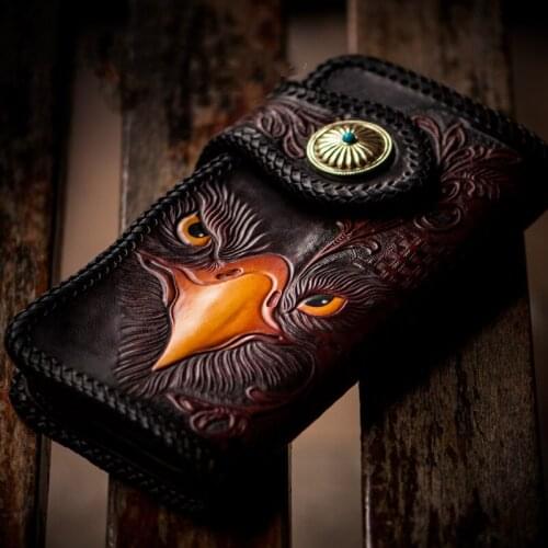Handmade Wallets Hand Carving Eagle Brown Purses Women Men Long Clutch Vegetable Tanned Leather Card Holder Gift