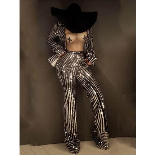 Splending Singer Costume Silver Stripe Coat Jumpsuit Nude Print Punk Nightclub Club Evening Party Show Outfits Stage Clothing