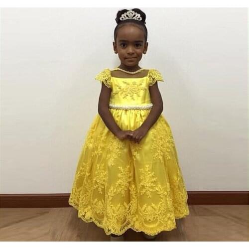 Lovely Yellow First Communion Dresses Girls Baby Ball gown Cap Sleeve Pearls Lace Bowknot Flower Girl Dresses for Wedding Party