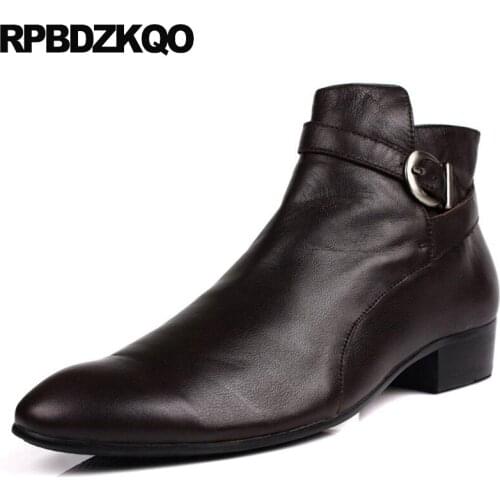 Genuine Leather Full Grain Fall High Top Formal Ankle Booties Chunky Mens Pointed Toe Dress Boots Business Men Shoes Italian