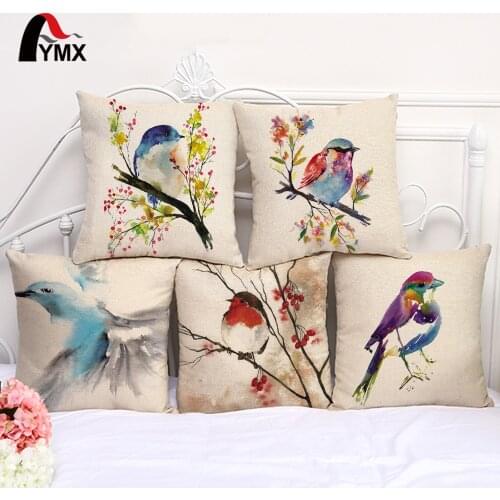 Cute Cartoon Bird Printed Cotton Linen Cushions Cover Bird Car Bedroom Sofa Throw Pillow Case Creative Window Home Decoration