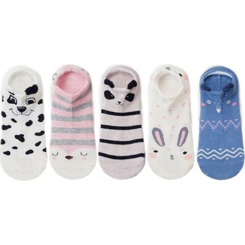 5Pairs Cute Animal Cotton Socks Women Kawaii Cat Dog Summer Shallow Mouth Short Sock Slippers Girls Casual Soft Funny Boat Socks