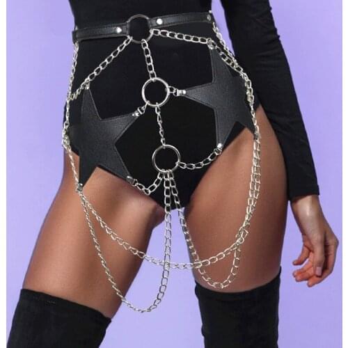 New Punk PU Leather Pentagram Chain Belts Top Spandex Adjustable Harness Sexy Body Bondage Harajuku Garter Belts Prom Dress