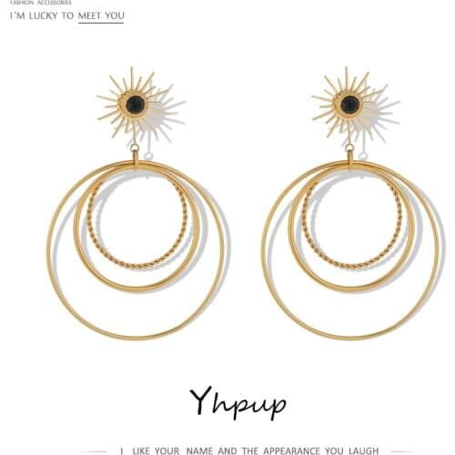 Yhpup New Round Multi-layer Dangle Earrings Gold Color Stainless Steel Jewelry Metal Geometric Statement Earrings for Women 2021