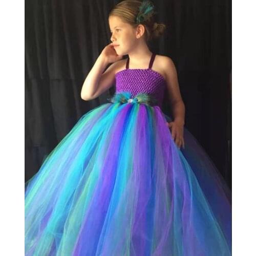 Girls Purple Peacock Feather Tutu Dress Kids Crochet Dress Long Ball Gown with Hairclips Children Birthday Party Costume Dress