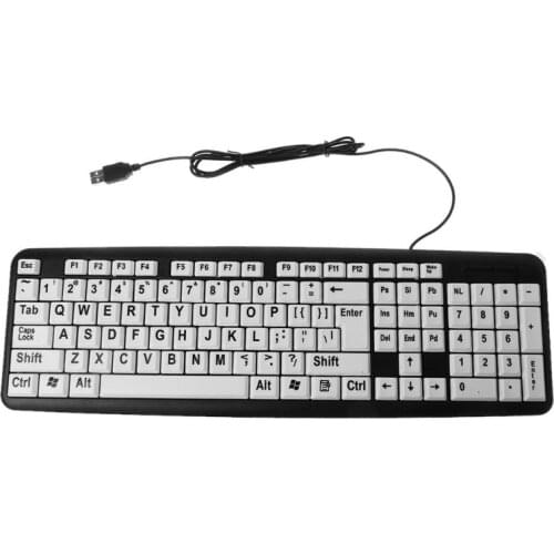 USB Wired PC Computer Game Gaming Keyboard High Contrast Large Print White Keys Black Letter for Old People Elderly Men