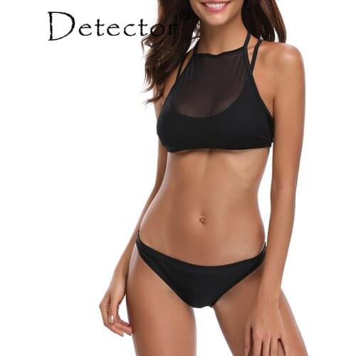 Detector 2019 Low Waist Mesh Bandage Women Bikini Sexy Transparent Swimsuit Push up Padded Swimwear Ring High Neck Bathing Suit