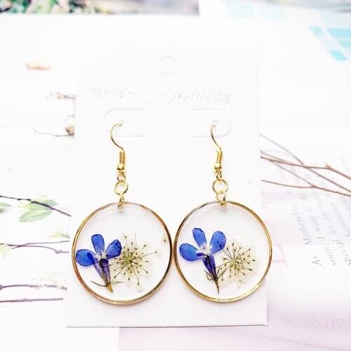 1Pair Natural Dried Flower Earrings Gold Heart Shape Transparent Dry Flower Resin Earrings