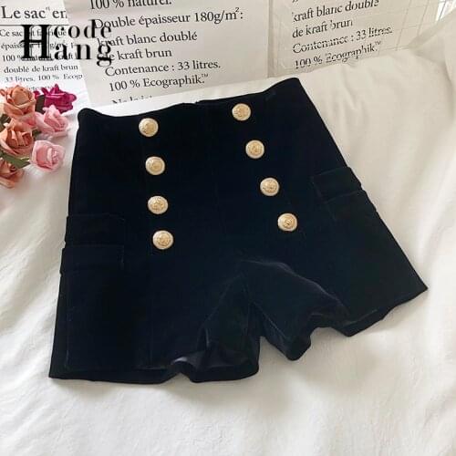 HangCode Korean Fashion Double-breasted High Waist Shorts Women Autumn Winter A-line Wide Leg Short Pants Velvet Black Shorts