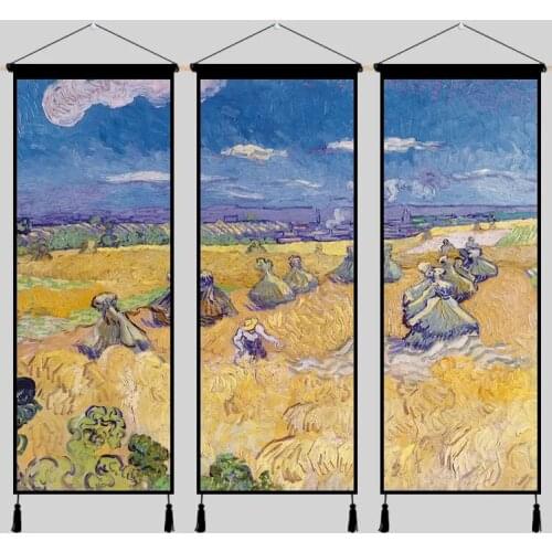 3pcs Modern Abstract Canvas Poster Flowers Wall Art Painting Wood Scroll Hanging Painting Scenery Picture Home Decor