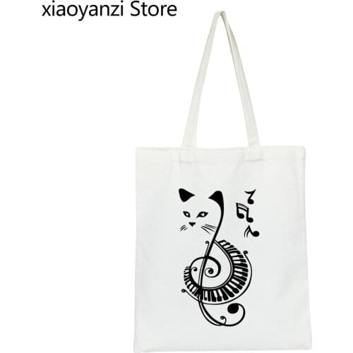 Black Cat Printed Music Funny Kawaii Shoulder Canvas Student Book Bag Harajuku Women Handbag Graphic Eco Reusable Shopping Bag