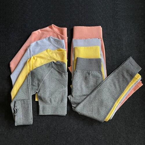 Womens Sportswear Seamless Yoga Sets Long Sleeve Top High Waist Sports Leggings 2Pcs Set Gym Clothes Workout Fitness Suits New