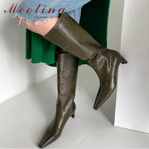 Meotina Women Shoes Boots Knee High Fashion Med Heel Square Toe Boots Thick Heel Ladies Long Boots 2021 Autumn Green Black 34-40